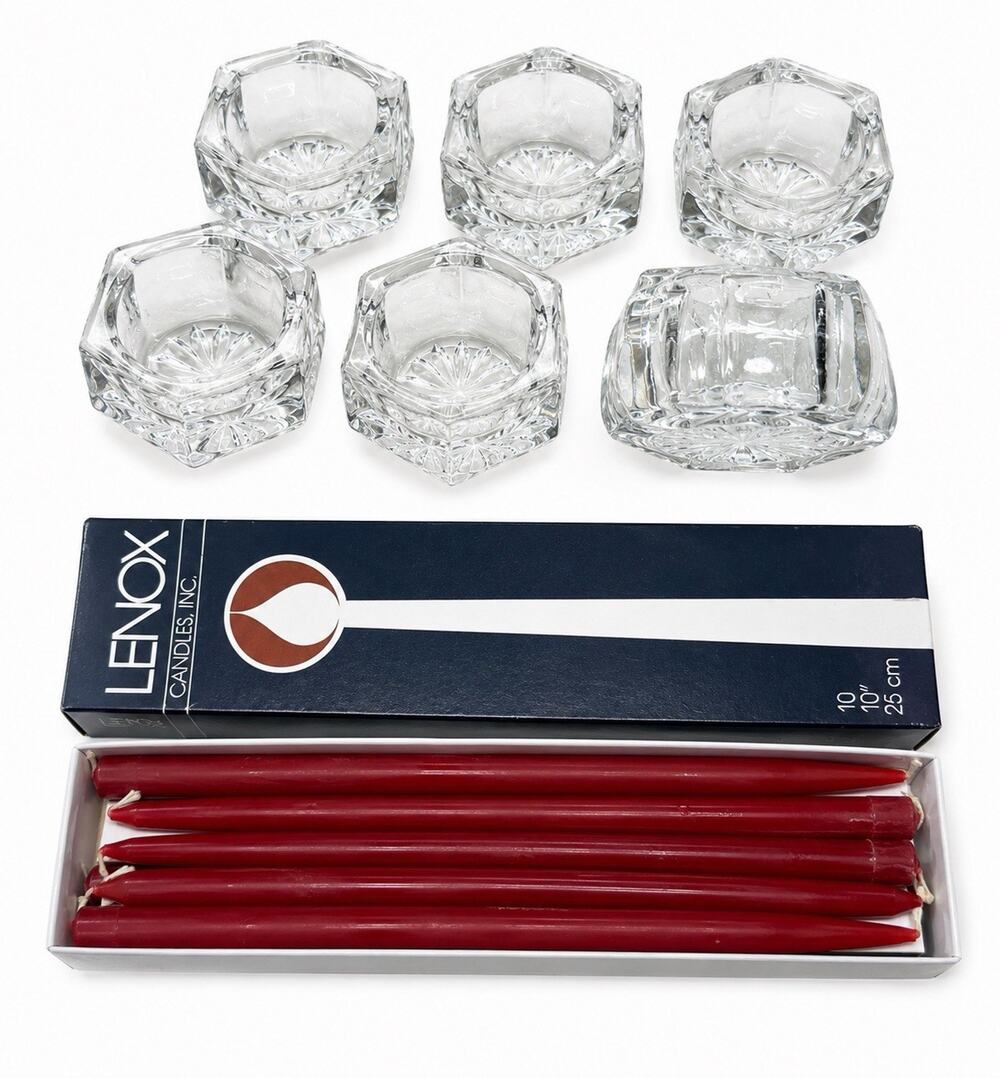 Lot 6 Crystal Votive Candle Holders & Lenox Red Taper Candles w/ Box